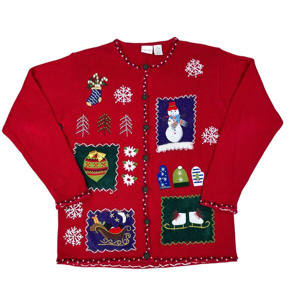 Cherokee Embroidered Holiday Christmas Button Front Cardigan Sweater (Sz M) - Picture 2 of 13